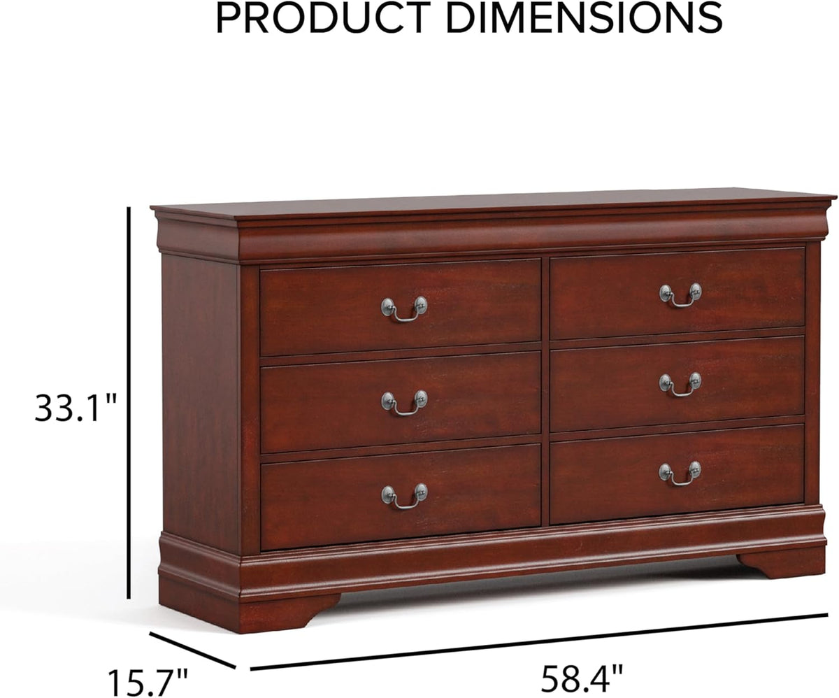Furniture of America Arabella Traditional 6-Drawer Double Dresser with Antique Nickle Handles and Bracket Style Feet, No Assembly, Freestanding Storage Cabinetfor Bedroom, Living Room, Cherry