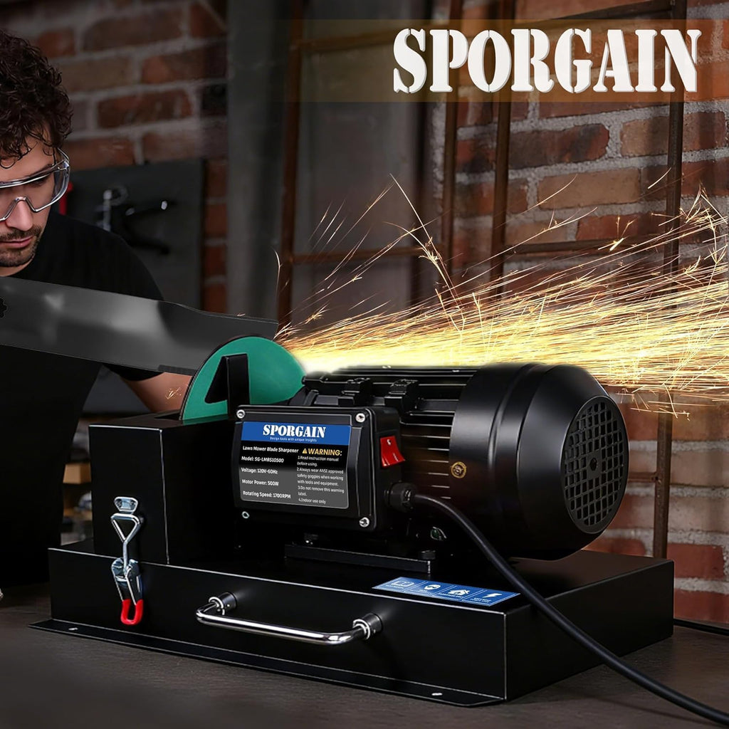 SporGain Lawn Mower Blade Sharpener 2/3 HP, Lawnmower Blade Sharpener with 20 Sandpapers 60/180 Grit, Heavy-Duty Mower Sharpening Machine for High/Low Lift, Gator & Flat Blades