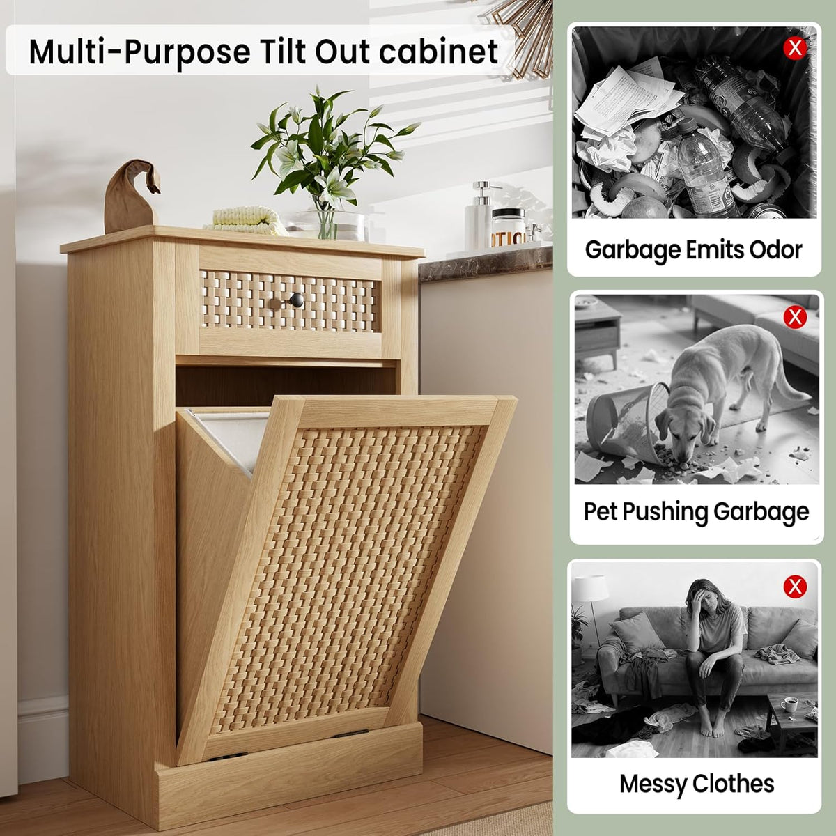 Double Tilt Out Laundry Hamper Cabinet, Rattan-Style Laundry Room Organization with Removable Laundry Basket, Hidden Wood Dirty Clothes Hamper with Drawers, 39" L x 13" W x 35.8" H, Wood