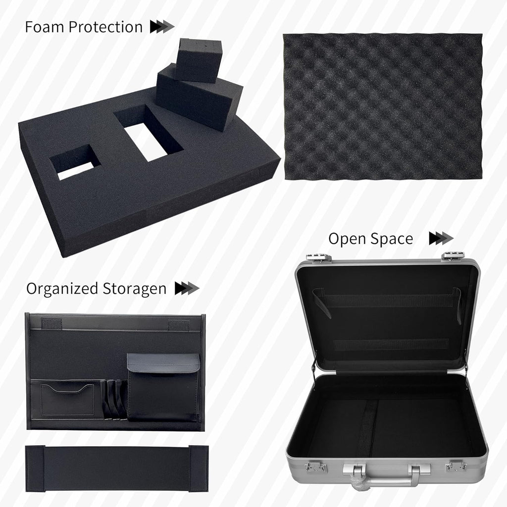 Aluminum Storage Case with Customizable Foam, 3-in-1 Modular Interior, Professional Briefcase with TSA Locks