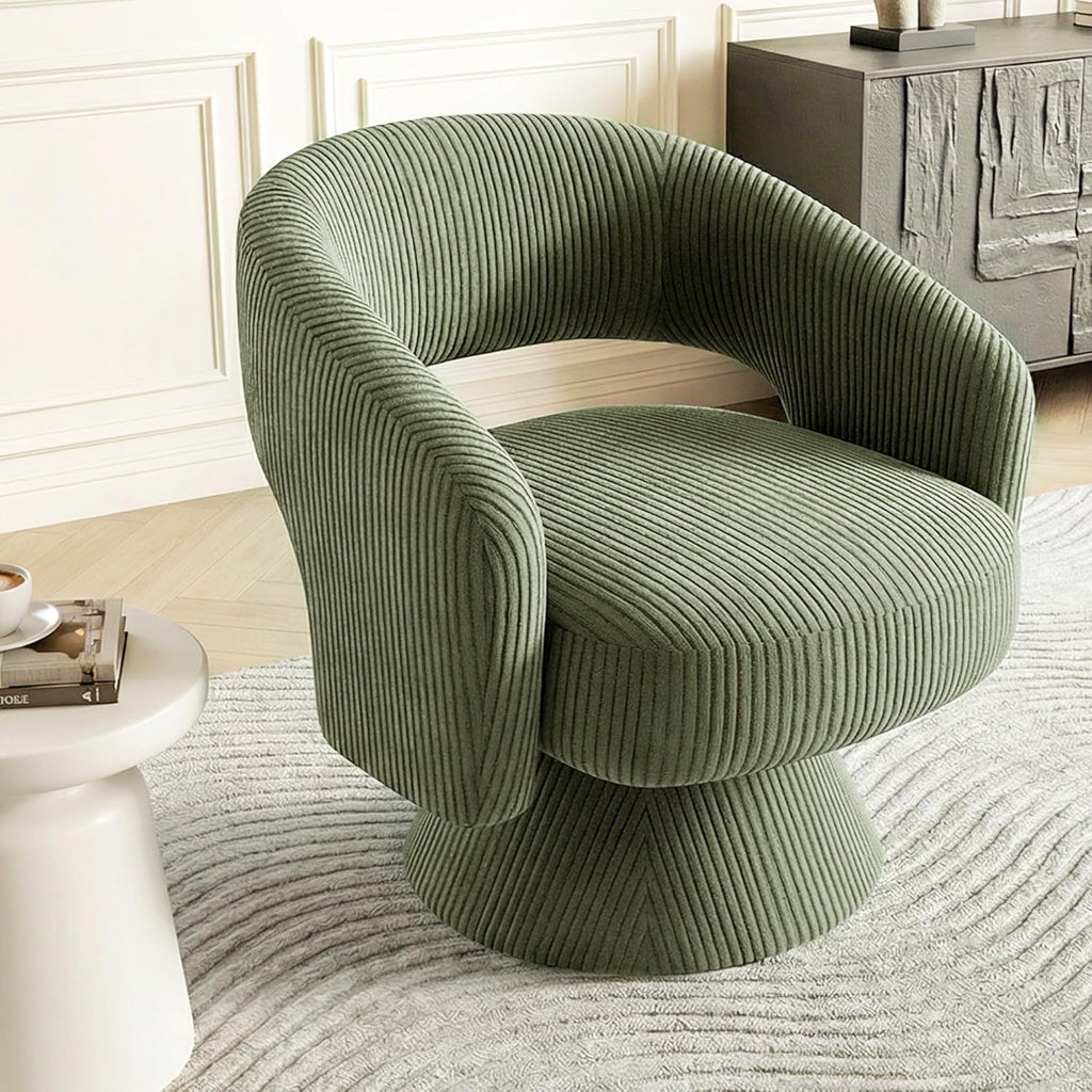 HOMCOM 360° Swivel Accent Chair, Corduroy Upholstered Barrel Chair, Modern Armchair with Thick Padding for Living Room, Bedroom, Reading Room, Green