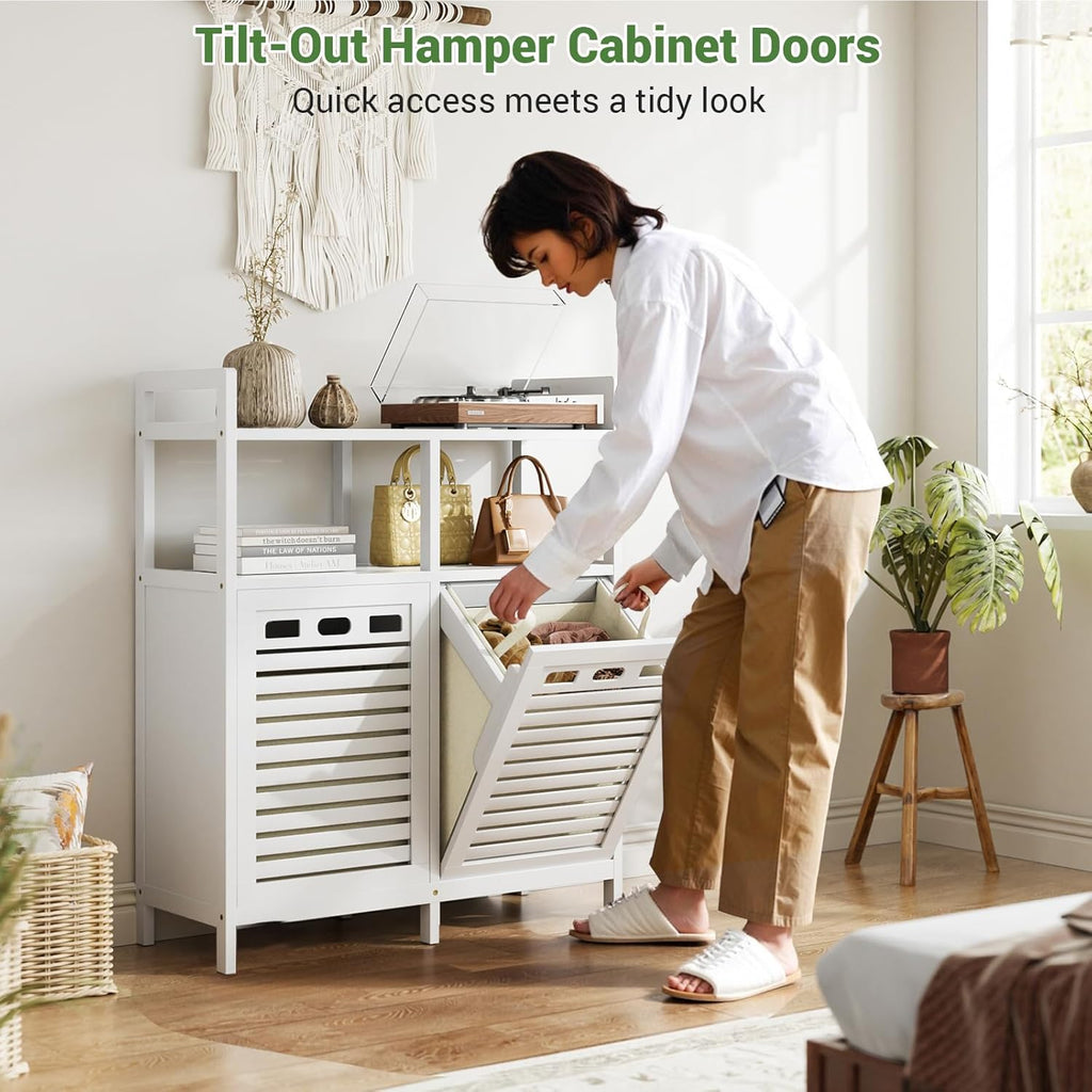Homykic Tilt Out Laundry Hamper Cabinet, Bamboo Double Laundry Hamper with 2 Removable Laundry Baskets, 20 Gal Laundry Sorter Organizer with Shelf for Dirty Clothes, Bathroom, Laundry Room, White