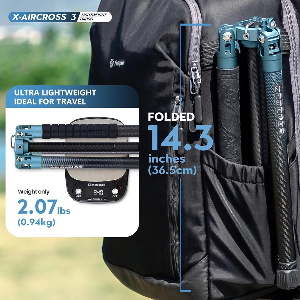 Fotopro 62 Inch Carbon Fiber Tripod for Camera Ultralight Travel Camera Tripod Max Loads Up 22lbs X-Aircross 3 Blue