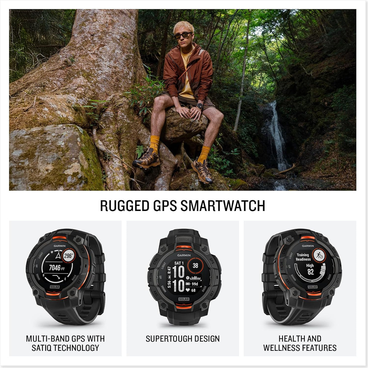 Garmin Instinct® 3 45mm, Solar Charged Display, Rugged Outdoor GPS Smartwatch, Metal-Reinforced Bezel, Built-in Flashlight, Black (Renewed)