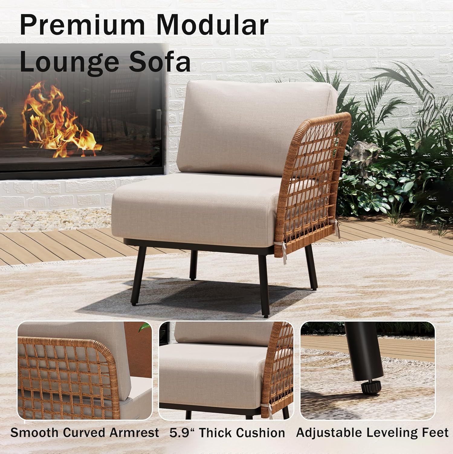 6-Piece Patio Conversation Set, Outdoor Sectional Sofa Modular Wicker Furniture with Thick Cushions & Wood Grain Coffee Table, Patio Furniture for Backyard Porch