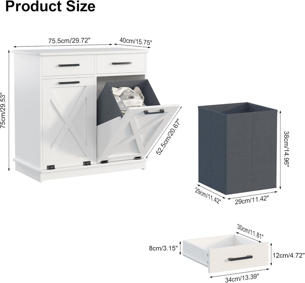 White Double Tilt Out Laundry Hamper Cabinet Laundry Basket Cabinet Hidden Laundry Hamper with 2 Drawers & 2 Baskets for Bathroom,30x30x16in（Barn Door Panel）