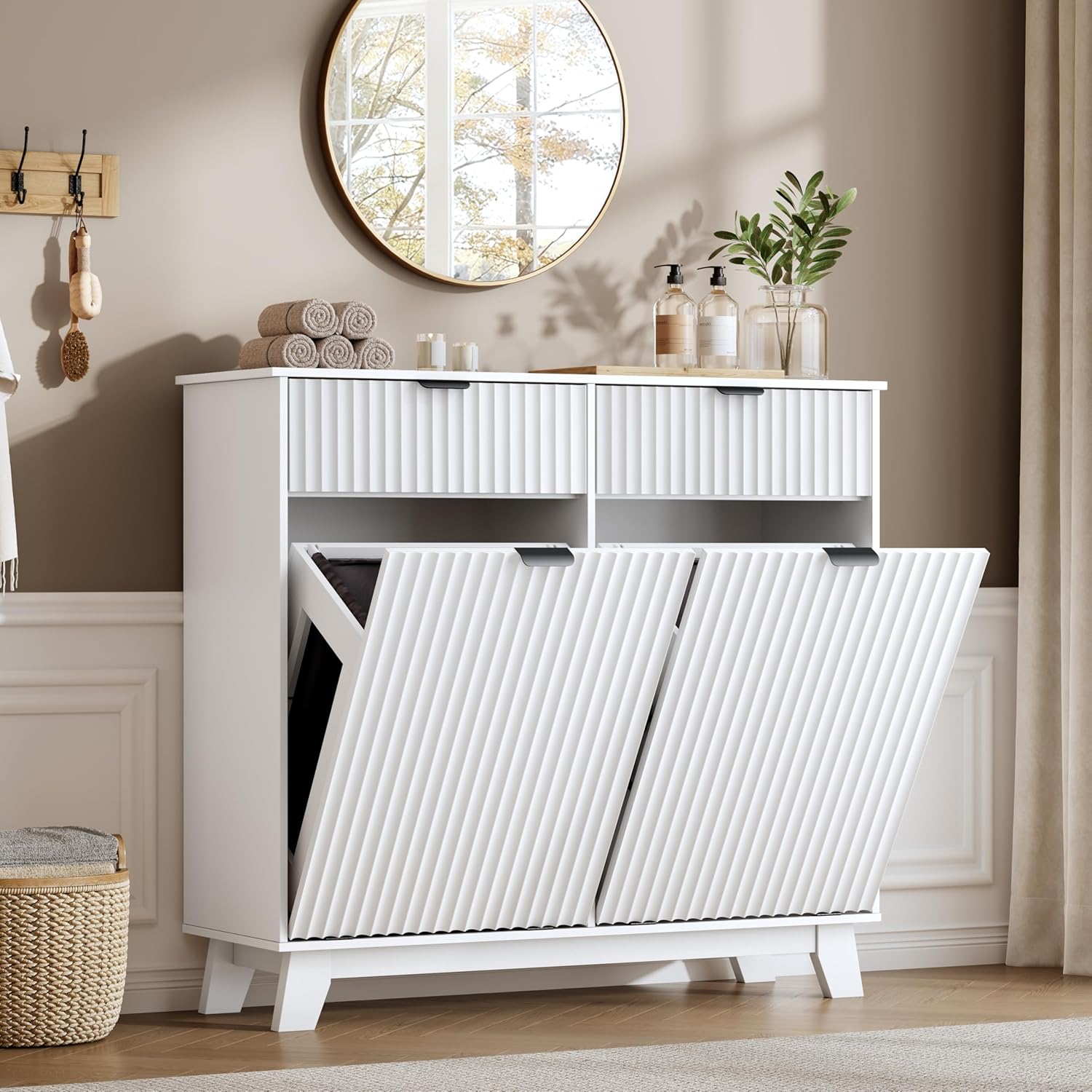 Double Tilt Out Laundry Hamper Cabinet, 20 Gallon Wooden Trash Can Cabinet with Drawers, Hidden Fluted Bathroom Storage Cabinet for Kitchen, Living Room (White, 39.34" W x 35.83" H x 13" D)
