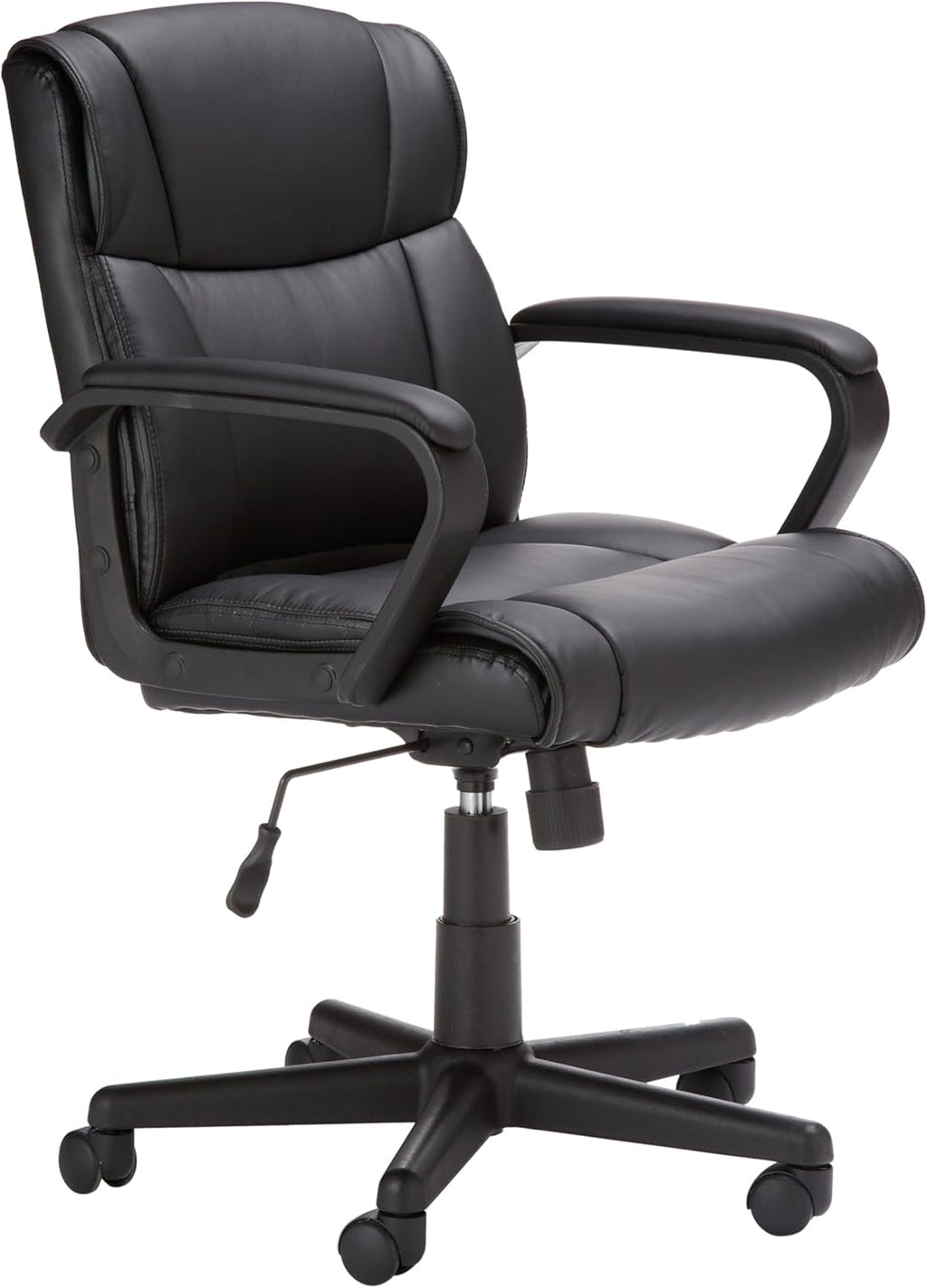 Amazon Basics Office Task Chair with Adjustable Height, 360° Swivel, Padded Armrests, Mid-Back, Rolling, 275 Pound Capacity, 24.2"D x 24"W x 34.8"H, Black Faux Leather