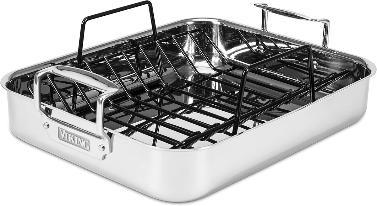 Viking 3-Ply Stainless Steel Roasting Pan with Non Stick Rack, 16 x 13 Inch Kitchen Cookware, Great for Turkey, Dishwasher and Oven Safe, Induction Ready, Silver