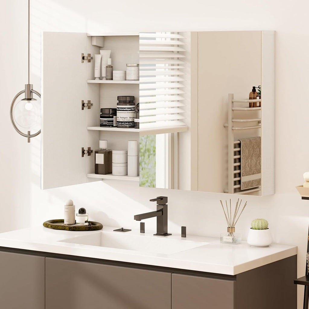 Tangkula Mirrored Medicine Cabinet, Large Wide Wall Mounted Storage Cabinet with 3 Mirror Doors, Hanging Bathroom Organizer, White, 34.5 x 5 x 25.5 Inches