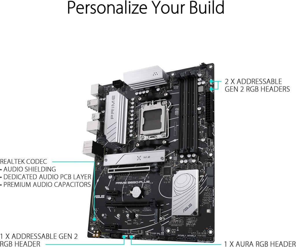 ASUS Prime B650-PLUS AMD B650 AM5 Ryzen™ Desktop 9000 8000 and 7000 ATX Motherboard, DDR5, PCIe 5.0 M.2, 2.5Gb LAN, DP, HDMI®, SATA 6Gbps, USB 3.2 Gen 2 & 1 Type-C®, BIOS Flashback™, USB4® Support