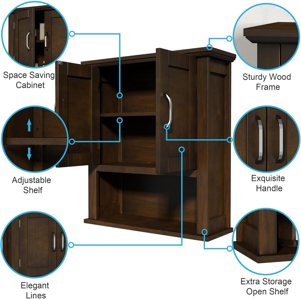 ChooChoo Wood Wall Cabinet with Doors, Medicine Cabinet with Adjustable Shelves Over The Toilet, Rustic Cabinet Wall Mounted for Bathroom, Kitchen, Living Room, Walnut
