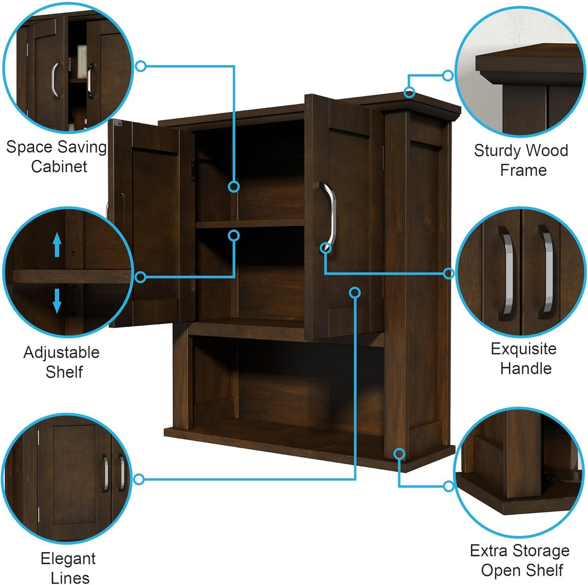 ChooChoo Wood Wall Cabinet with Doors, Medicine Cabinet with Adjustable Shelves Over The Toilet, Rustic Cabinet Wall Mounted for Bathroom, Kitchen, Living Room, Walnut