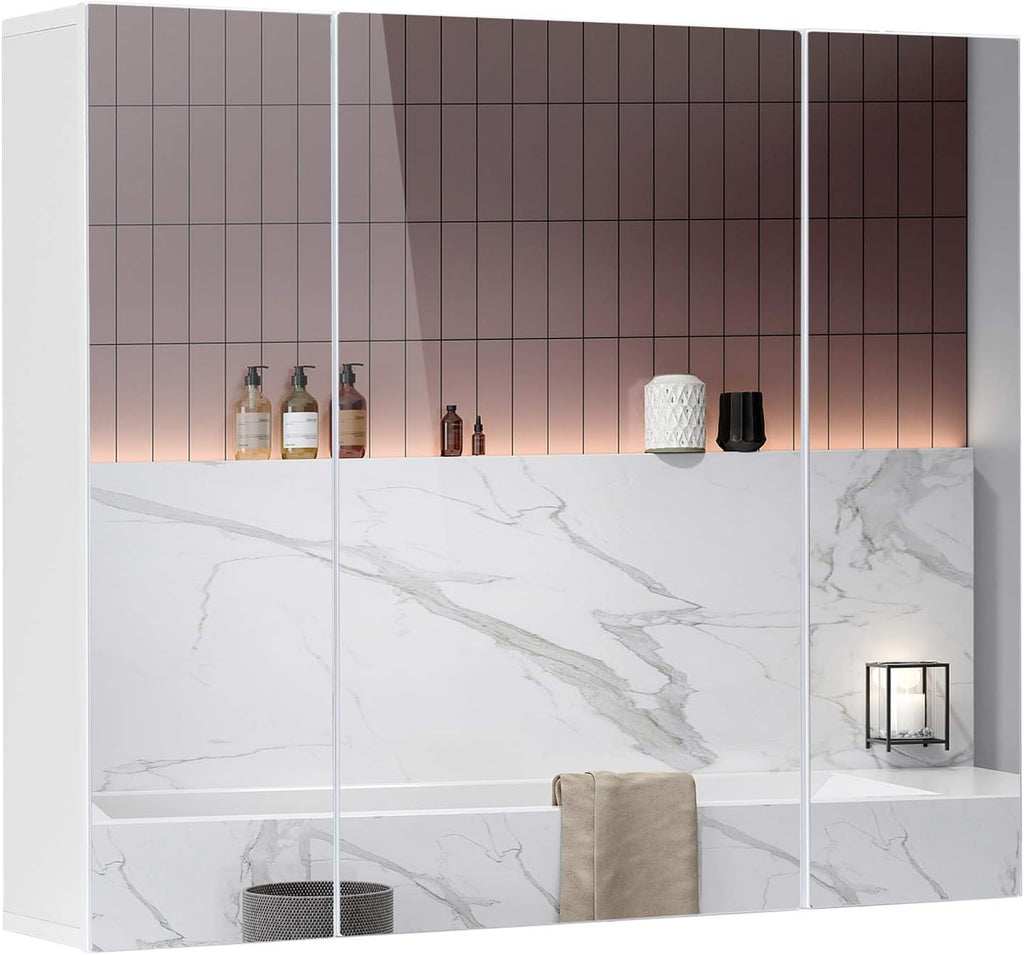 DICTAC Medicine Cabinet Bathroom Mirror Cabinet with 3 Door 27.6x23.62 Inch Bathroom Wall Cabinet with Mirror Wall Mirror Storage Shelf with 3-Adjustable Shelves Storage Organizer Cupboard,White
