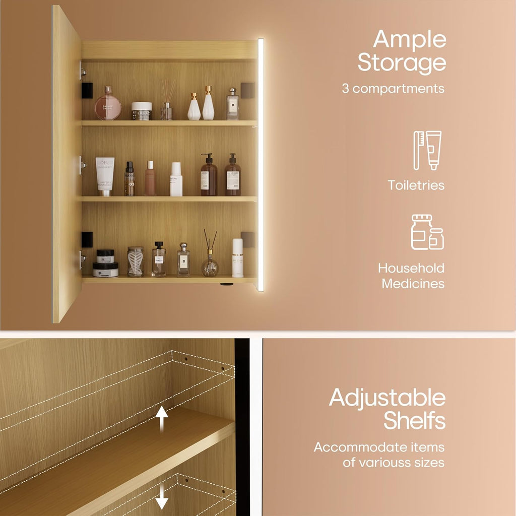30 x 23-1/4 Inch LED Lighted Medicine Cabinet with Mirror, Moisture-Resistant Wood, Stepless Dimmable, 3000K/5500K, Adjustable Shelf, Flat-Pack Design – Assembly Required, Oak