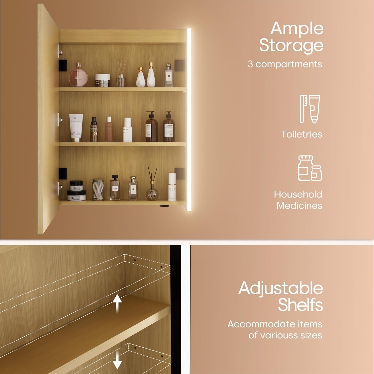 30 x 23-1/4 Inch LED Lighted Medicine Cabinet with Mirror, Moisture-Resistant Wood, Stepless Dimmable, 3000K/5500K, Adjustable Shelf, Flat-Pack Design – Assembly Required, Oak