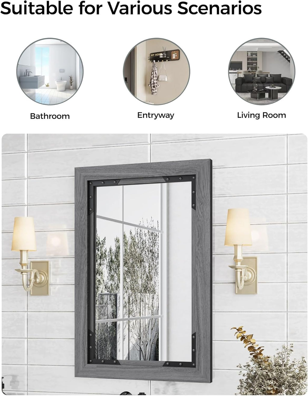 FLYJOE Medicine Cabinet Mirror 20 x 26 Inch Farmhouse Bathroom Mirror Door Solid Wood Storage Cabinet with Adjustable Shelves, Wall Mounted for Bathroom Living Room, Grey