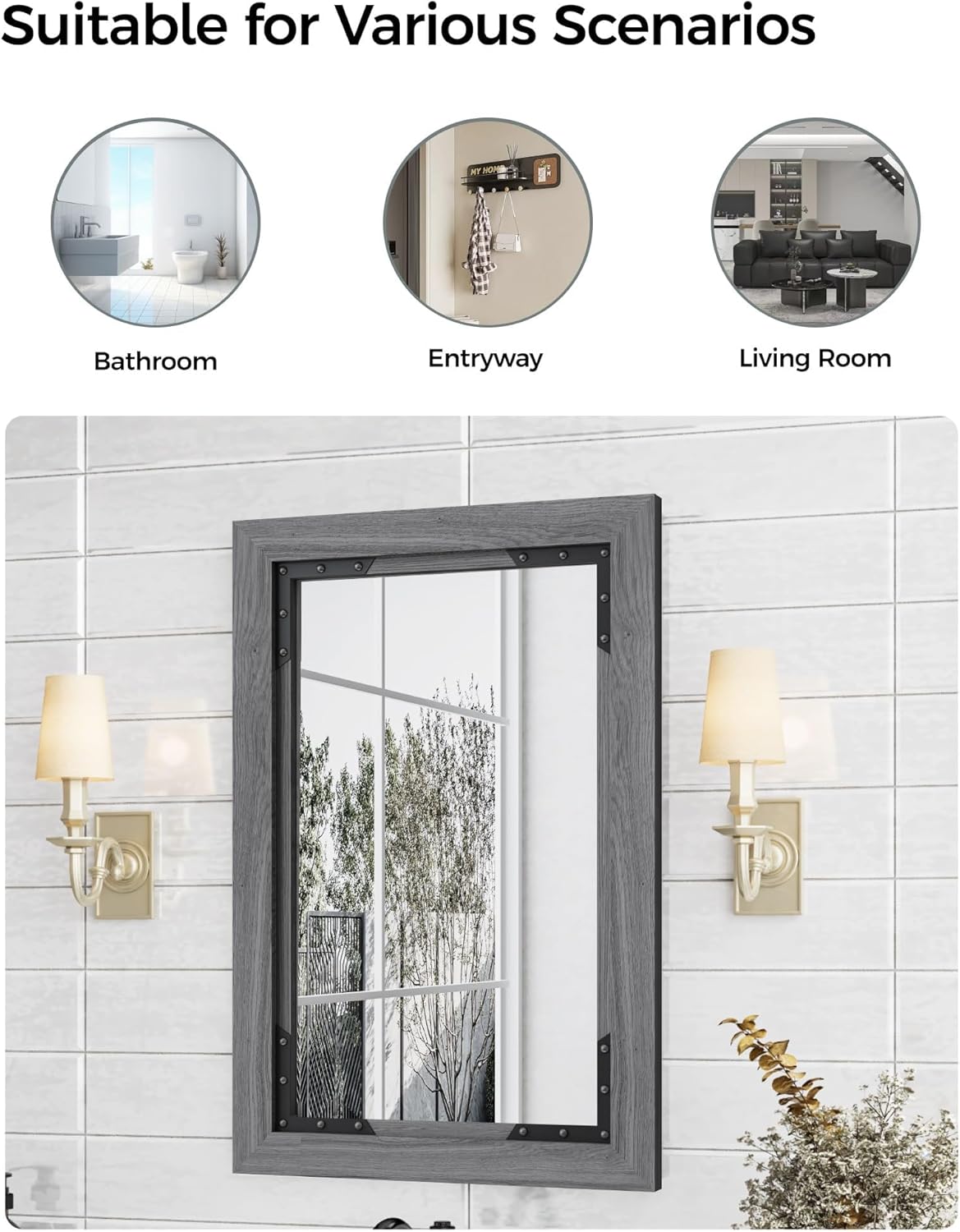 FLYJOE Medicine Cabinet Mirror 20 x 26 Inch Farmhouse Bathroom Mirror Door Solid Wood Storage Cabinet with Adjustable Shelves, Wall Mounted for Bathroom Living Room, Grey