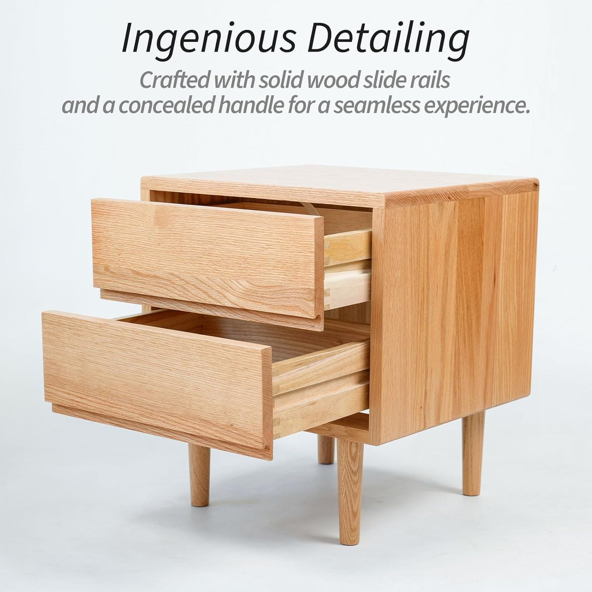Night Stand, Mid Century Modern Nightstand w/2 Drawers, Boho Small Bedside Table, Oak Solid Wood, 17.72 W x 15.75 D x 19.69 H Inches (Natural, Double Drawer)