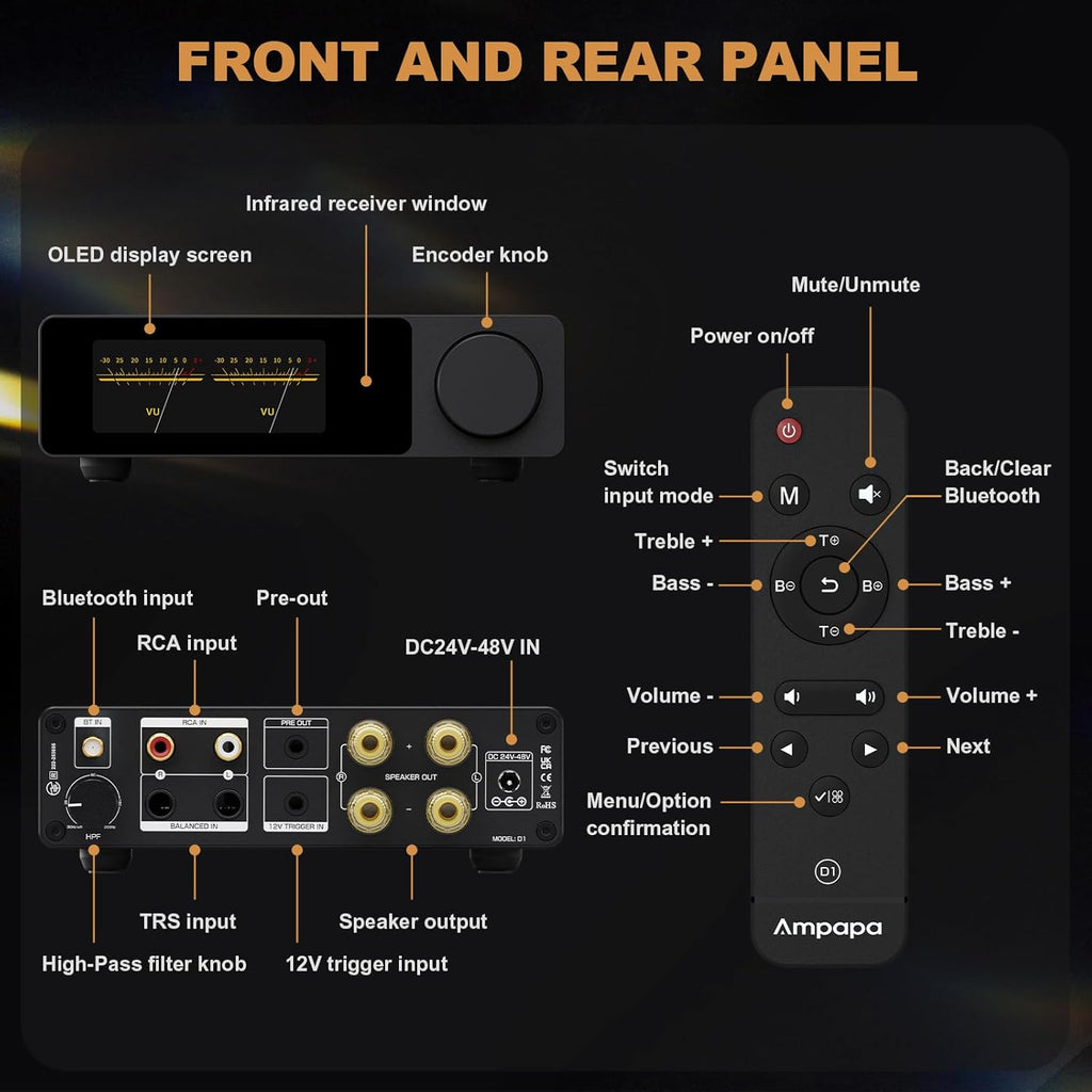 2 Channel Bluetooth Amp: HiFi 300W x2 Stereo Amplifier with BT 5.2 | HPF | Digital VU Meter | SUB Pre-Out | TRS Balanced Input | Tone Control & Remote for Home Theater Bookshelf Speakers (D1)