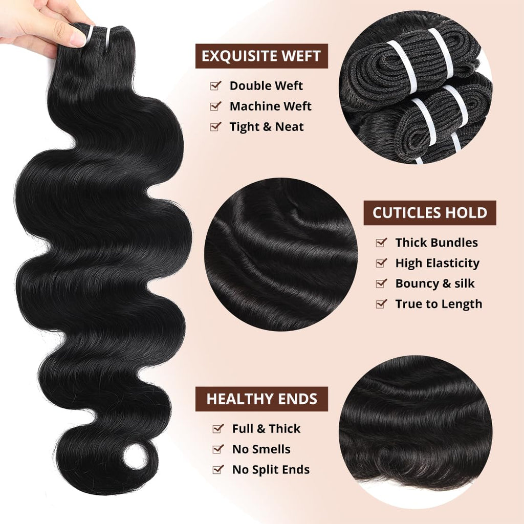 16A Raw Brazilian Body Wave Bundles Human Hair, 100% Unprocessed Virgin Remy Hair, Double Wefts, Silky Soft Glossy, Triple Lifespan, Natural Black 18 20 22 Inch
