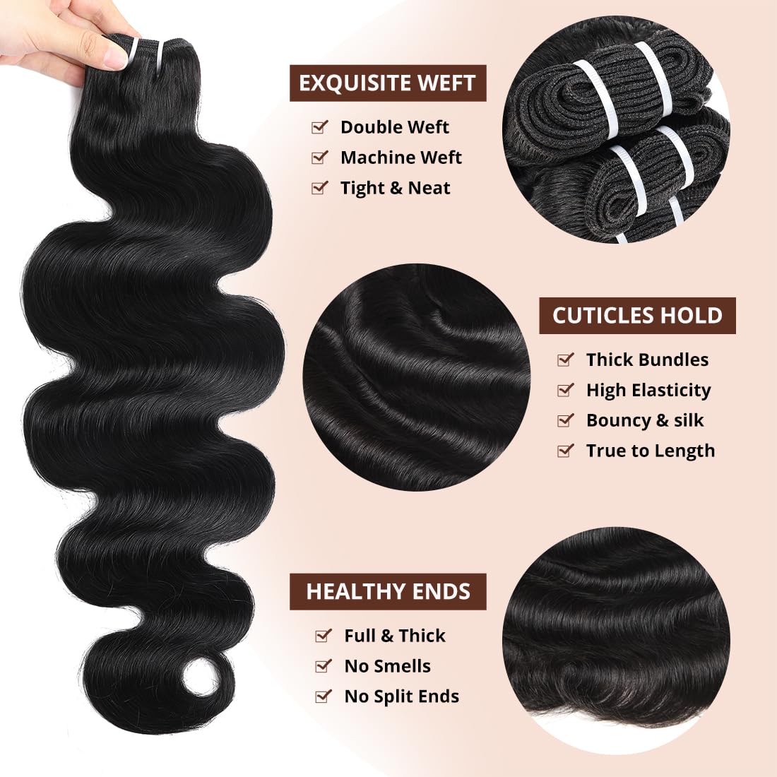16A Raw Brazilian Body Wave Bundles Human Hair, 100% Unprocessed Virgin Remy Hair, Double Wefts, Silky Soft Glossy, Triple Lifespan, Natural Black 18 20 22 Inch