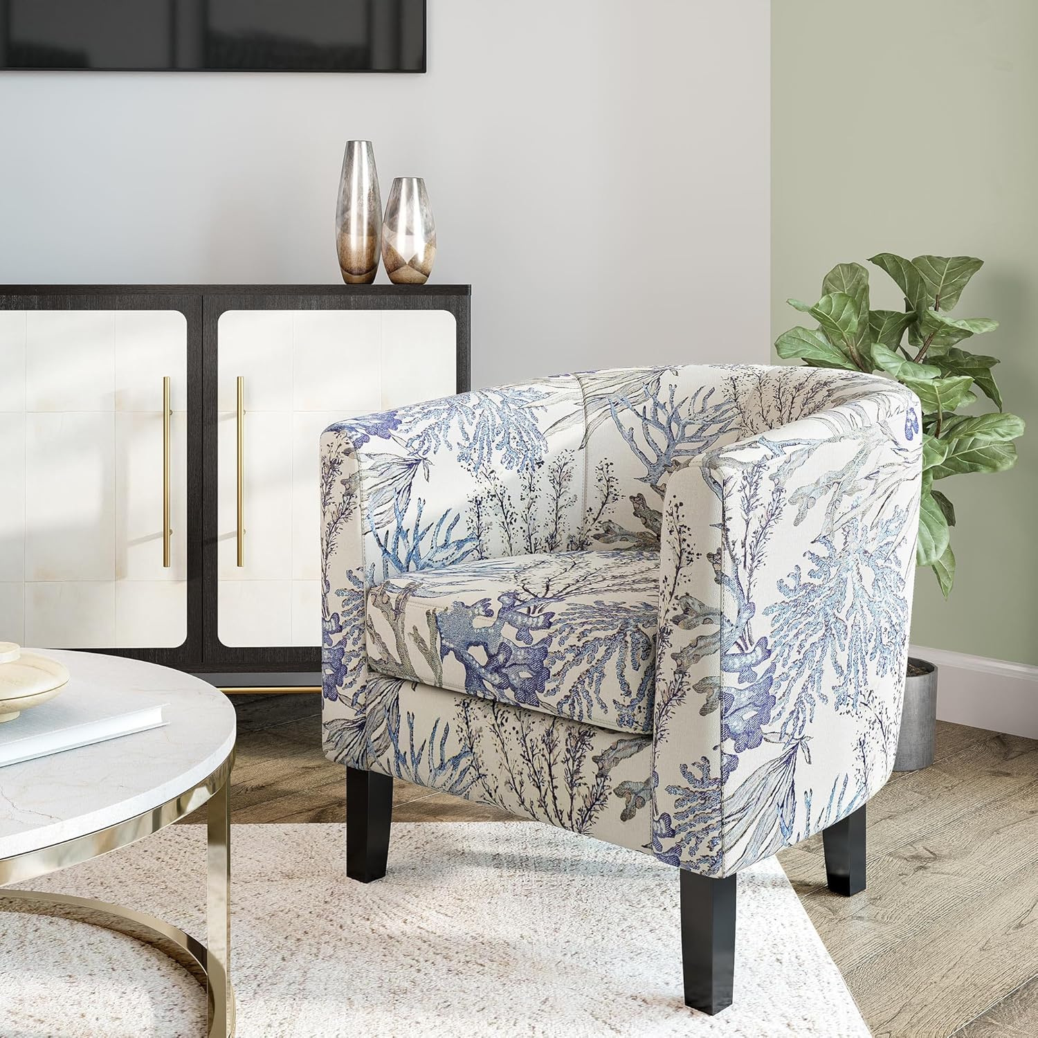 BELLEZE Living Room Chairs Set of 2, Linen Round Accent Barrel Chairs, Club Tub Sofa Chairs for Bedroom, Corner Chairs with Flared Legs and Cozy Soft Padding - Highland (Blue Coral)