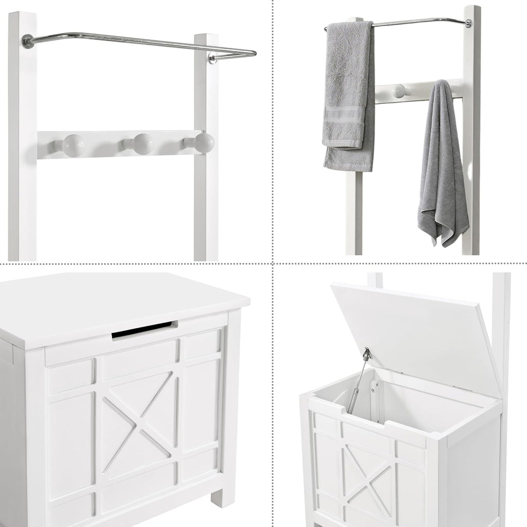 Derby Laundry Hamper with Towel Rack - Stool for Entryway, Laundry Room, or Bathroom Storage (White)