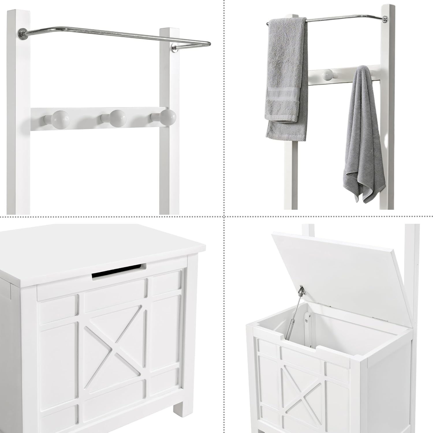 Derby Laundry Hamper with Towel Rack - Stool for Entryway, Laundry Room, or Bathroom Storage (White)