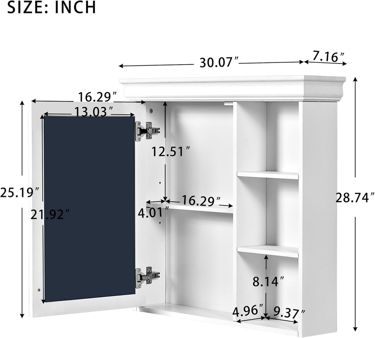 Merax Modern Bathroom Medicine Cabinet with Mirror, 30" x 28" Wall Mounted White Medicine Cabinet with Storage and Open Shelves,Over The Toilet Mirrored Bathroom Storage Wall Cabinet