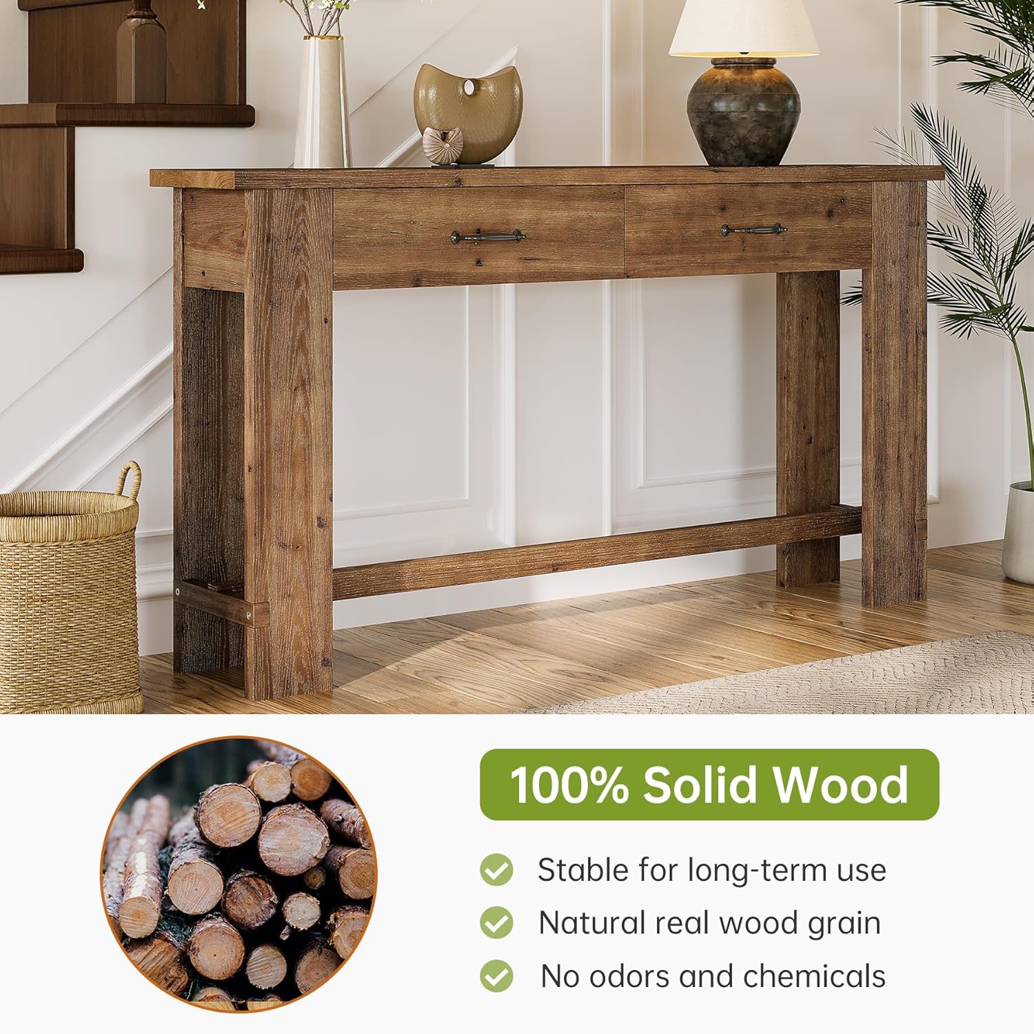 LITTLE TREE 63-Inch Solid Wood Console Table, Farmhouse Entryway Table with 2 Drawers, Narrow Sofa Table for Entryway, Hallway, Living Room, Foyer, Behind Couch