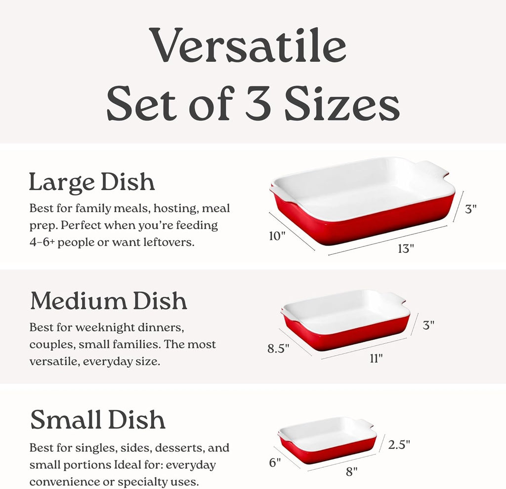 ROSSALLINI Stoneware Casserole Dish Bakeware Set of 3 | Rectangular Dinnerware Set with Handles Passion Red
