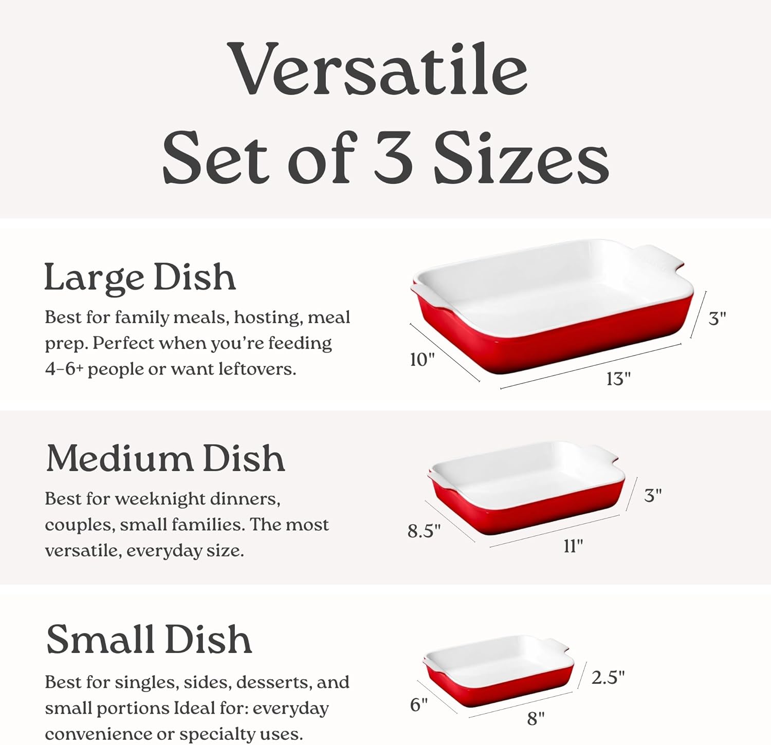 ROSSALLINI Stoneware Casserole Dish Bakeware Set of 3 | Rectangular Dinnerware Set with Handles Passion Red