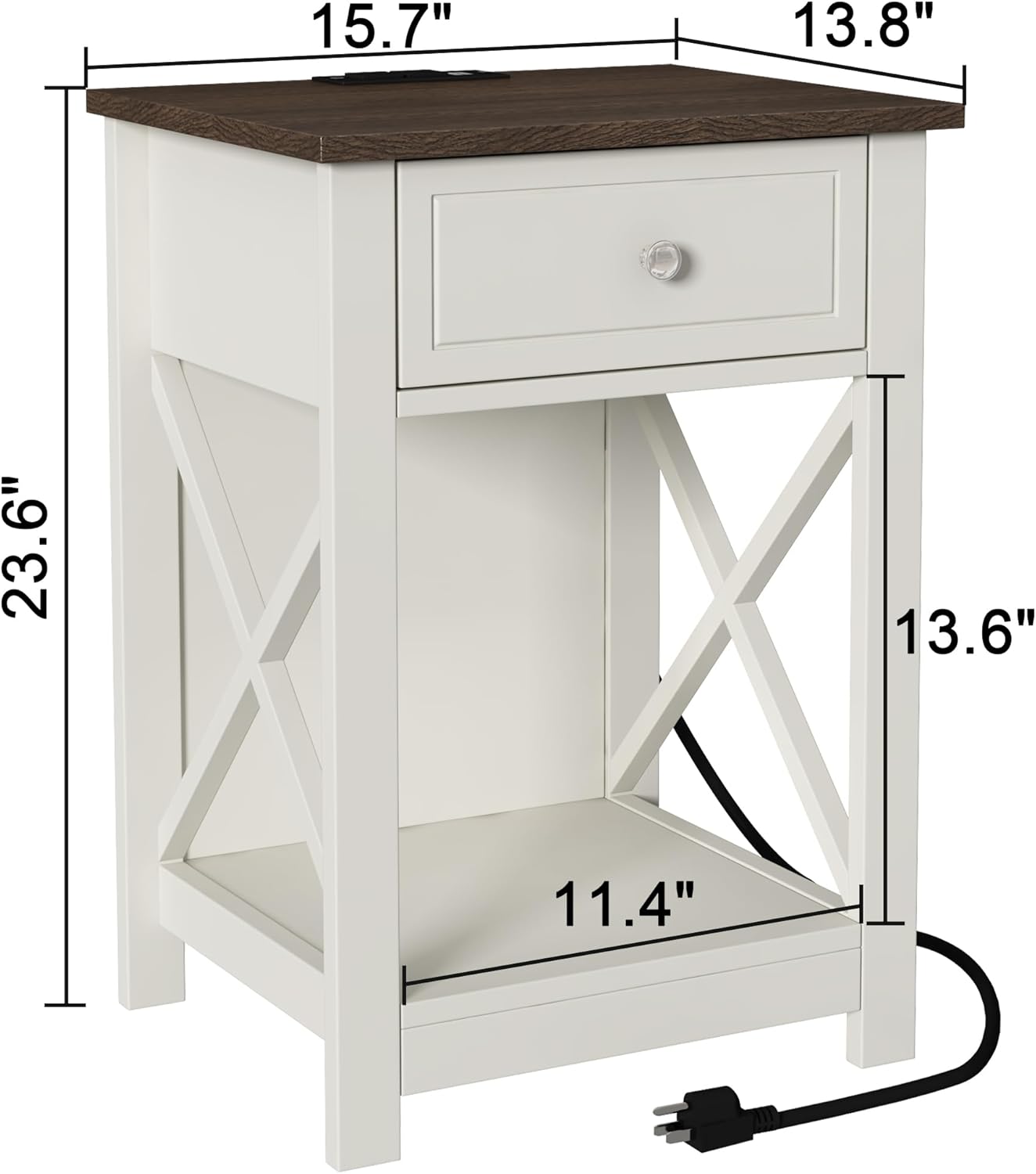 Treocho Farmhouse End Table Set of 2,Nightstand with Charging Station, X-Design Side Table with 2 AC and USB Power Outlets, Small Night Stand with Storage Drawer and Open Shelf for Living Room