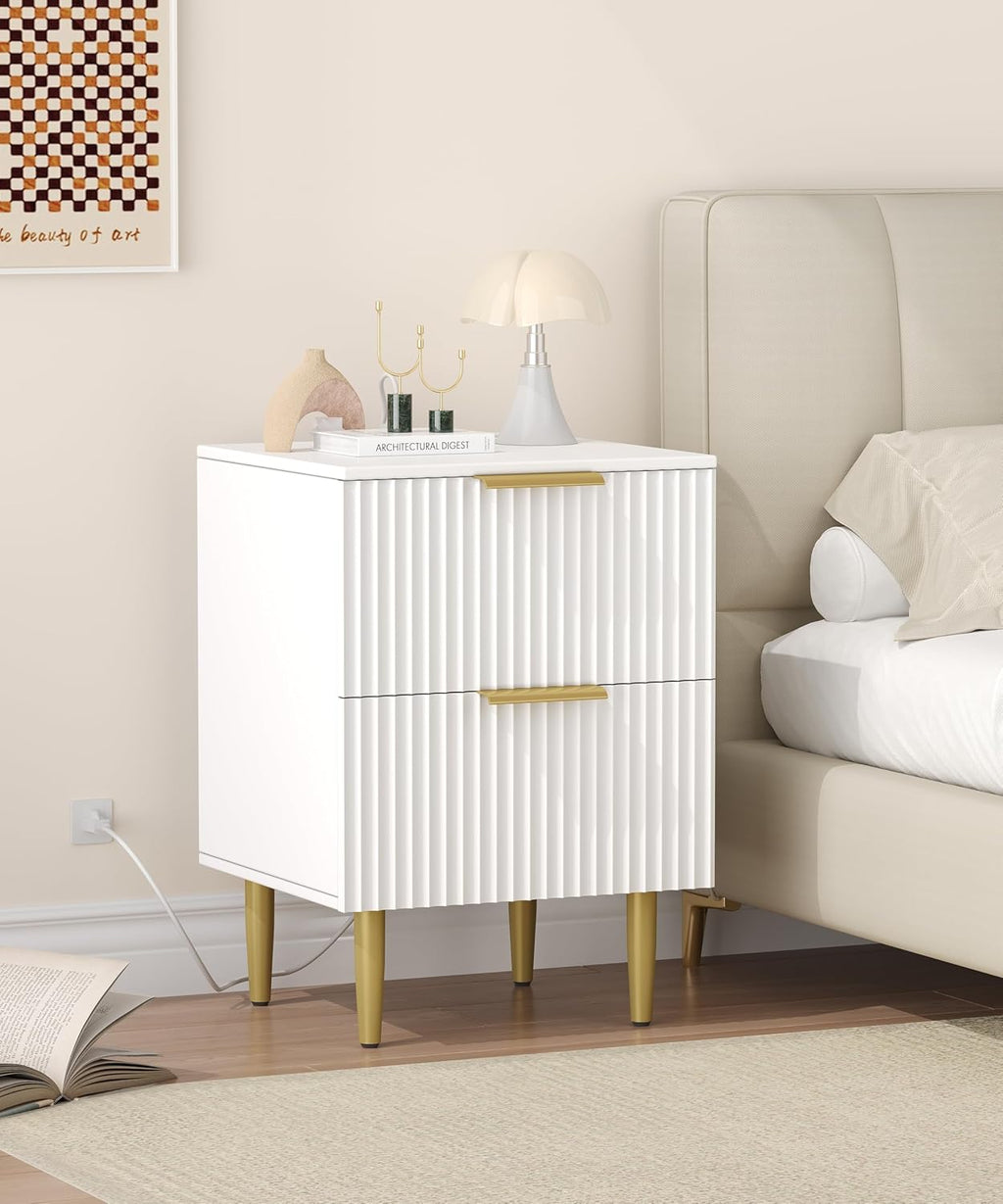 Akxomel White Nightstand Set of 2, Fluted Night Stand with Charging Station, 13.8" D x 15" W x 23.2" H, 2 Drawers Modern Bedside Table with USB Ports and Outlets, Golden Side Table for Bedroom