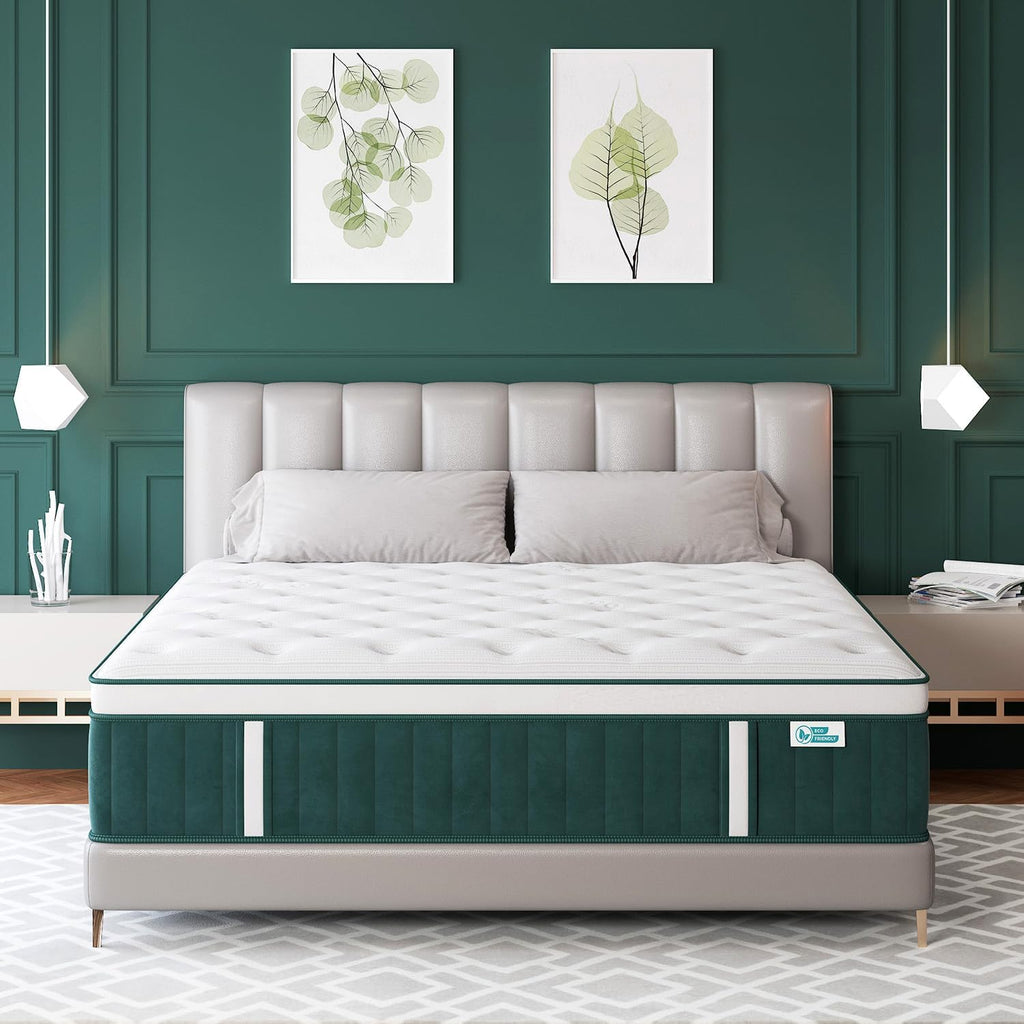 Queen Mattress, 14 Inch Hybrid Mattresses Green with Gel Memory Foam and Individually Pocket Innerspring Euro Top Medium Firm for Motion Isolation, Edge Support