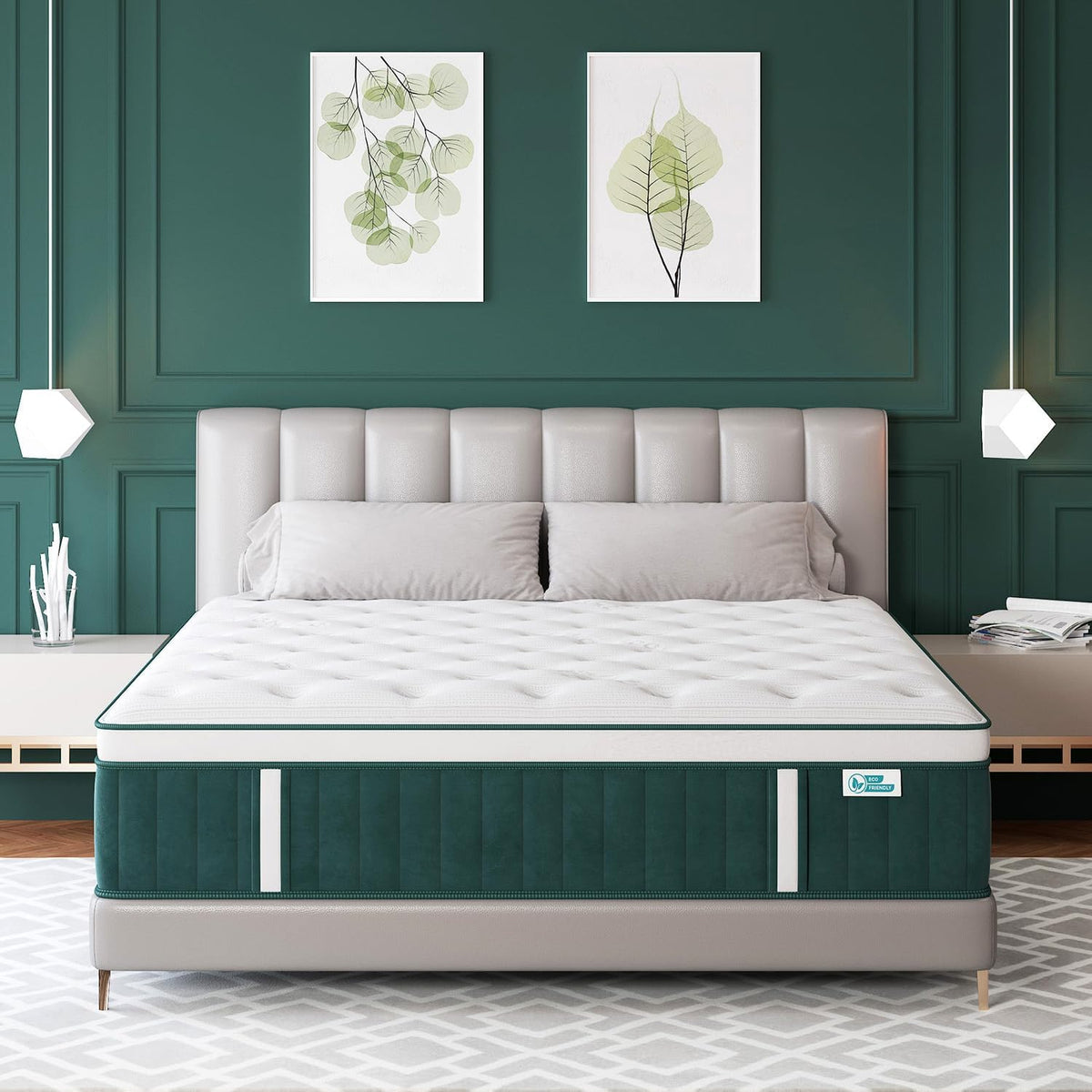 Queen Mattress, 14 Inch Hybrid Mattresses Green with Gel Memory Foam and Individually Pocket Innerspring Euro Top Medium Firm for Motion Isolation, Edge Support