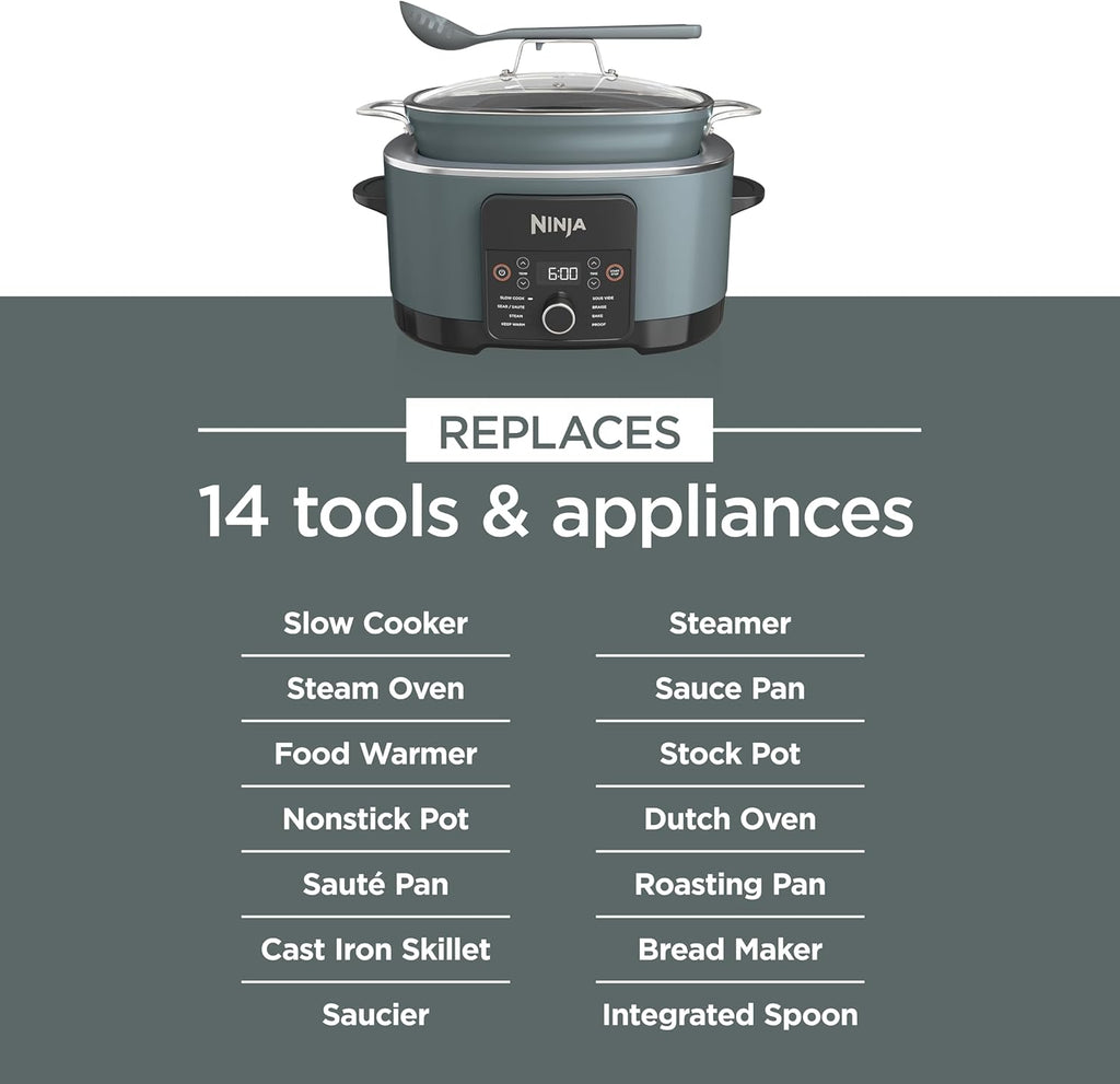 Ninja® 14-in-1 PossibleCooker™ PRO | 8.5qt, Sous Vide, Proof, Bake, & Steam Multicooker | Slow Cooker, Dutch Oven | Glass Lid & Integrated Spoon | Nonstick, Oven Safe Pot 500°F | Sea Salt Gray |MC1001