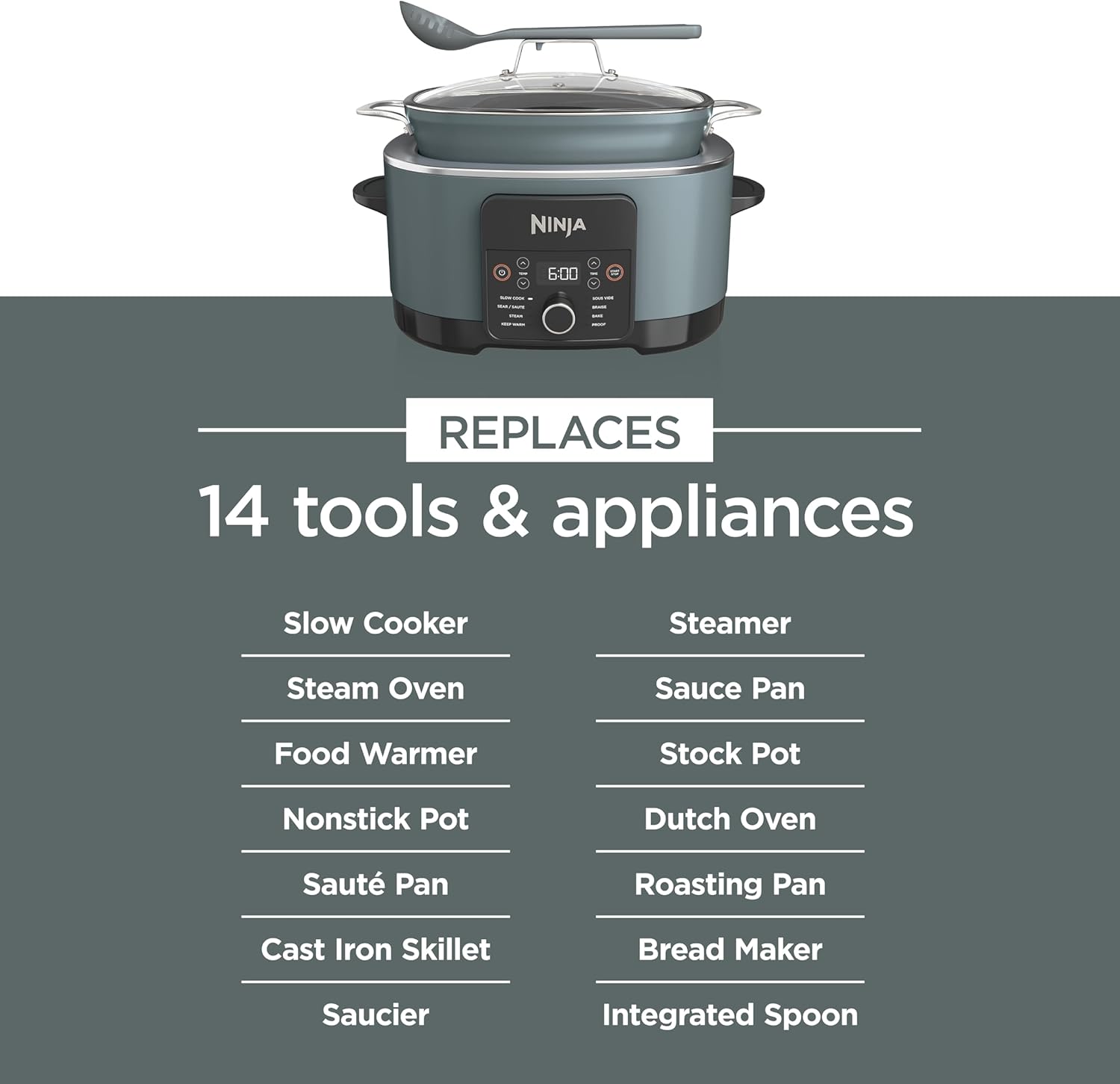 Ninja® 14-in-1 PossibleCooker™ PRO | 8.5qt, Sous Vide, Proof, Bake, & Steam Multicooker | Slow Cooker, Dutch Oven | Glass Lid & Integrated Spoon | Nonstick, Oven Safe Pot 500°F | Sea Salt Gray |MC1001