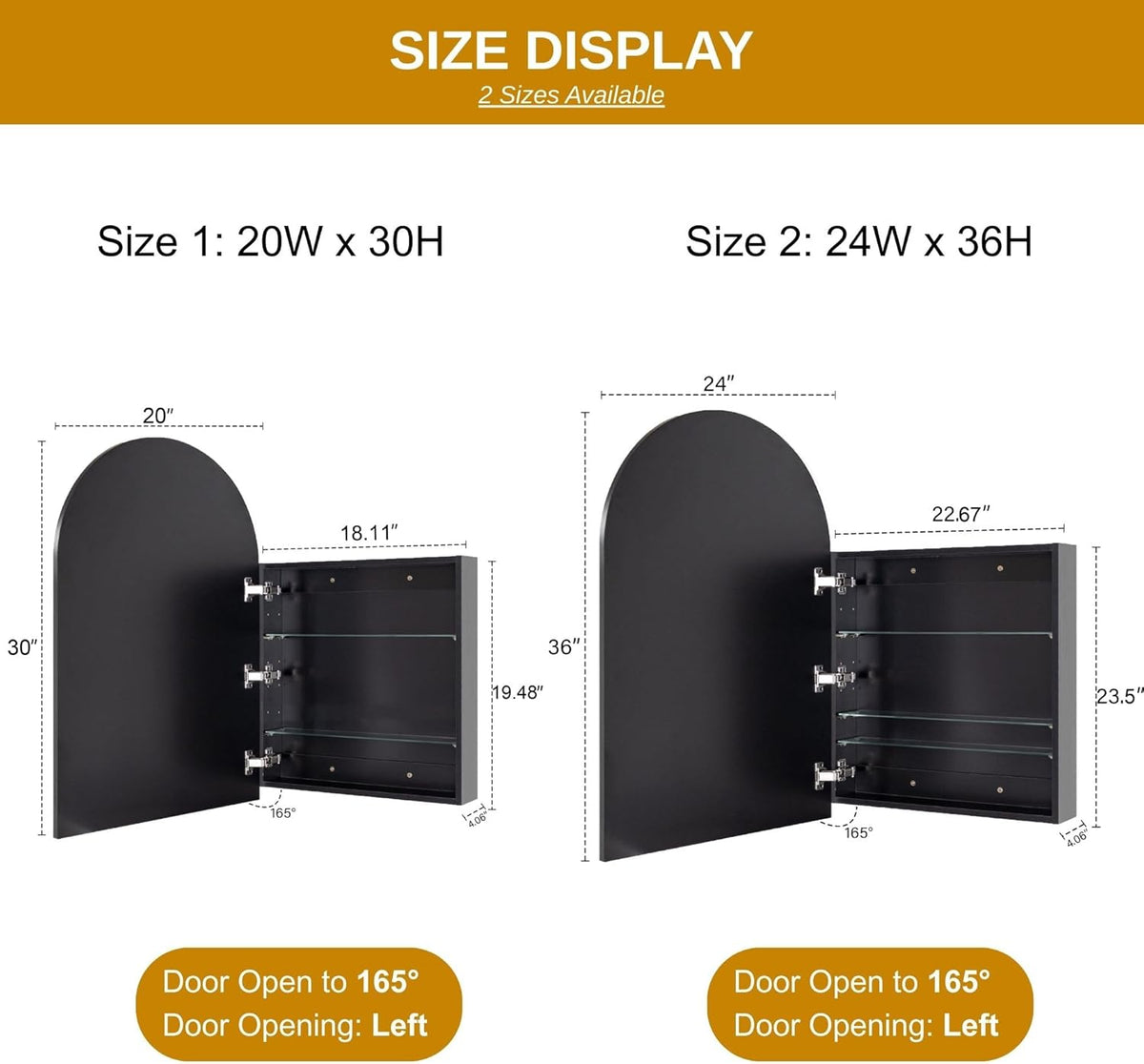 TEHOME 24 x 36'' Brushed Gold Arch Bathroom Medicine Cabinet with Mirror Recessed and Surface Mounted Medicine Cabinet Mirror