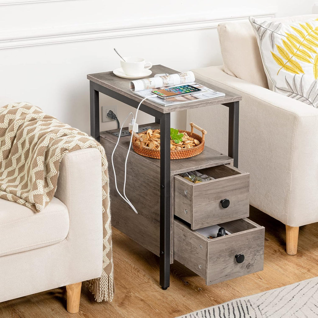 HOOBRO Set of 2 End Tables with Charging Station, Narrow Side Table with Drawers & USB Port & Power Outlets, Nightstand for Small Spaces, Living Room, Stable, Greige and Black BG541BZP201
