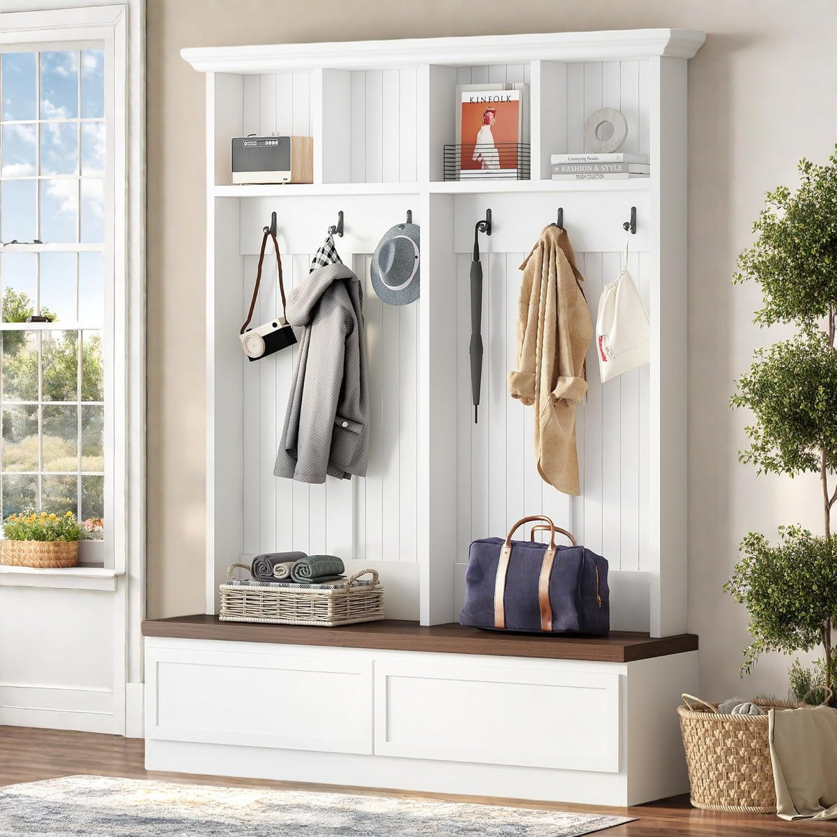 LUMISOL Mudroom Coat Rack with 2 Large Drawers, Entryway Hall Tree with Storage Bench, Farmhouse Shoe Cabinet with 6 Hanging Hooks, for Hallway, White