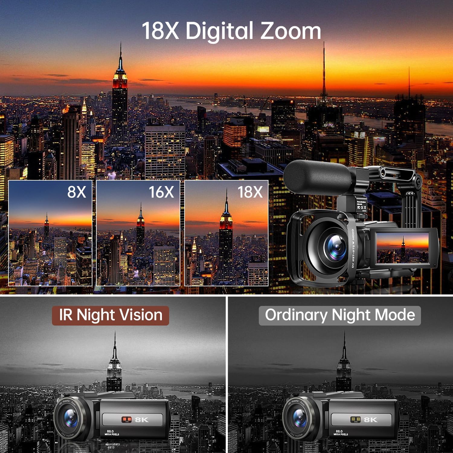 8K Video Camera 88MP UHD WiFi Vlogging Cameras for YouTube 18X Digital Zoom IR Night Vision 3.0'' Touch Screen Camcorder with 32GB Card, Microphone, Lens Hood, Stabilizer, Remote, Two Batteries