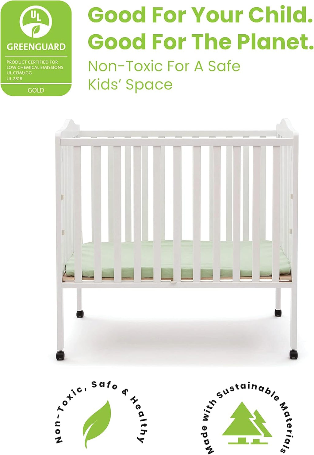 Delta Children Folding Portable Mini Baby Crib with 1.5-inch Mattress - Greenguard Gold Certified, White & Dream On Me Holly 3” Fiber Portable, Greenguard Gold Certified, White