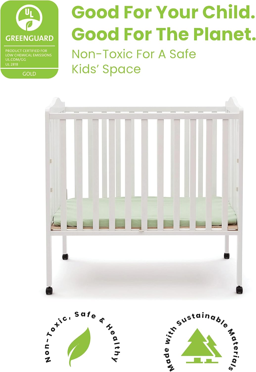 Delta Children Folding Portable Mini Baby Crib with 1.5-inch Mattress - Greenguard Gold Certified, White & Dream On Me Holly 3” Fiber Portable, Greenguard Gold Certified, White
