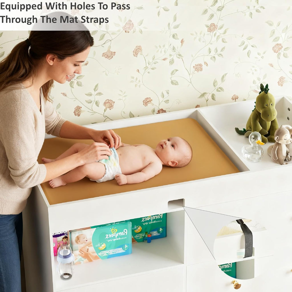 Wooden Baby Changing Table Dresser,Diaper Changing Table with Large Tabletop,4 Drawers, Open Storage Space & Side Shelves,Modern Storage Crib with Changing Table for Nurseries and Baby Rooms,White