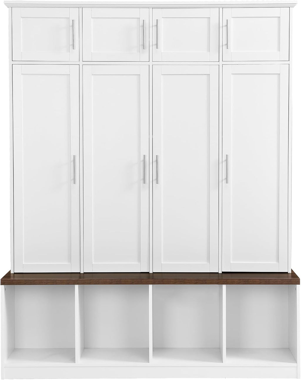 LUMISOL Wide Hall Tree with Storage Bench, Entryway Coat Rack with Open Compartments and 4 Hidden Hanging Hooks, Mudroom Entryway Bench with Shoe Storage, White