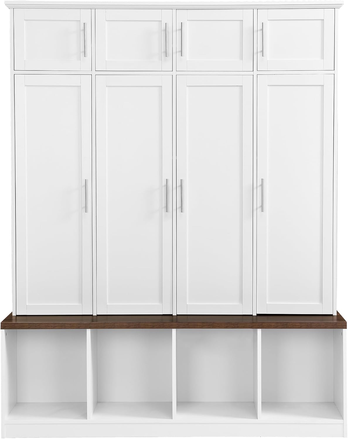 LUMISOL Wide Hall Tree with Storage Bench, Entryway Coat Rack with Open Compartments and 4 Hidden Hanging Hooks, Mudroom Entryway Bench with Shoe Storage, White