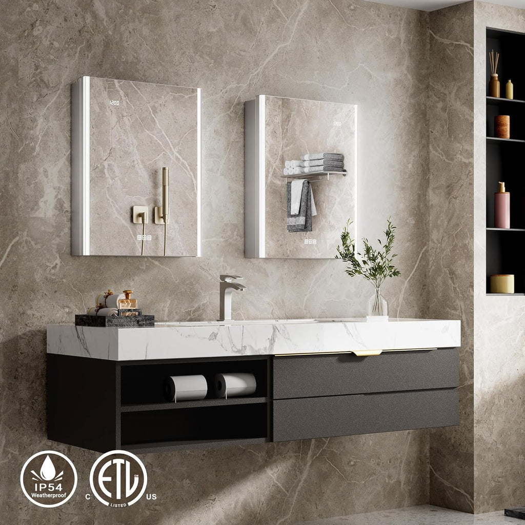 Lighted Medicine Cabinet Mirror with Lights & Smart Night Lamp -20x26 Surface or Recessed Medicine Cabinet Mirror with Outlet & Clock,Fogless Dimmable LED Storage Mirror,Built-in Sensor Light