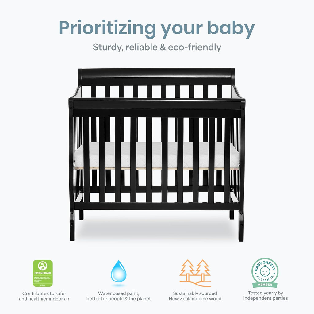 Dream On Me Aden 4-in-1 Convertible Mini Baby Crib, GREENGUARD Gold & BSA Certified, Sustainable Pinewood, Non-Toxic Finish, 3 Mattress Heights, Converts to Mini Day & Twin-Size Bed - Black